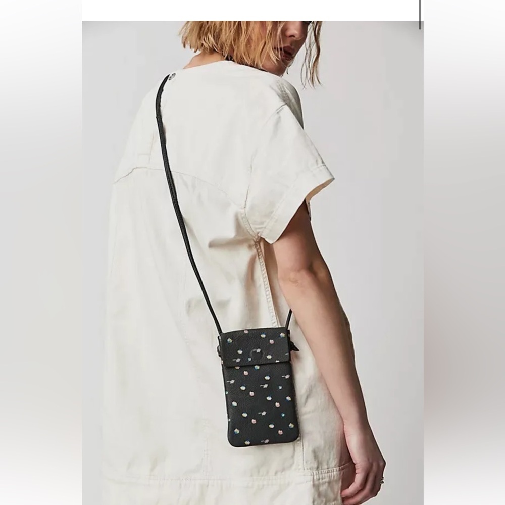 Free People Let's Dance Gray Leather Phone Crossbody Bag Floral Print NWT